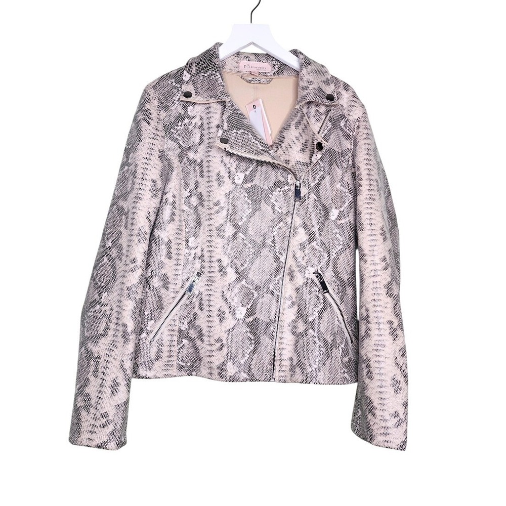 Philosophy Faux Leather Snake Print Embossed Moto Jacket Neutral Asymmetric Zip